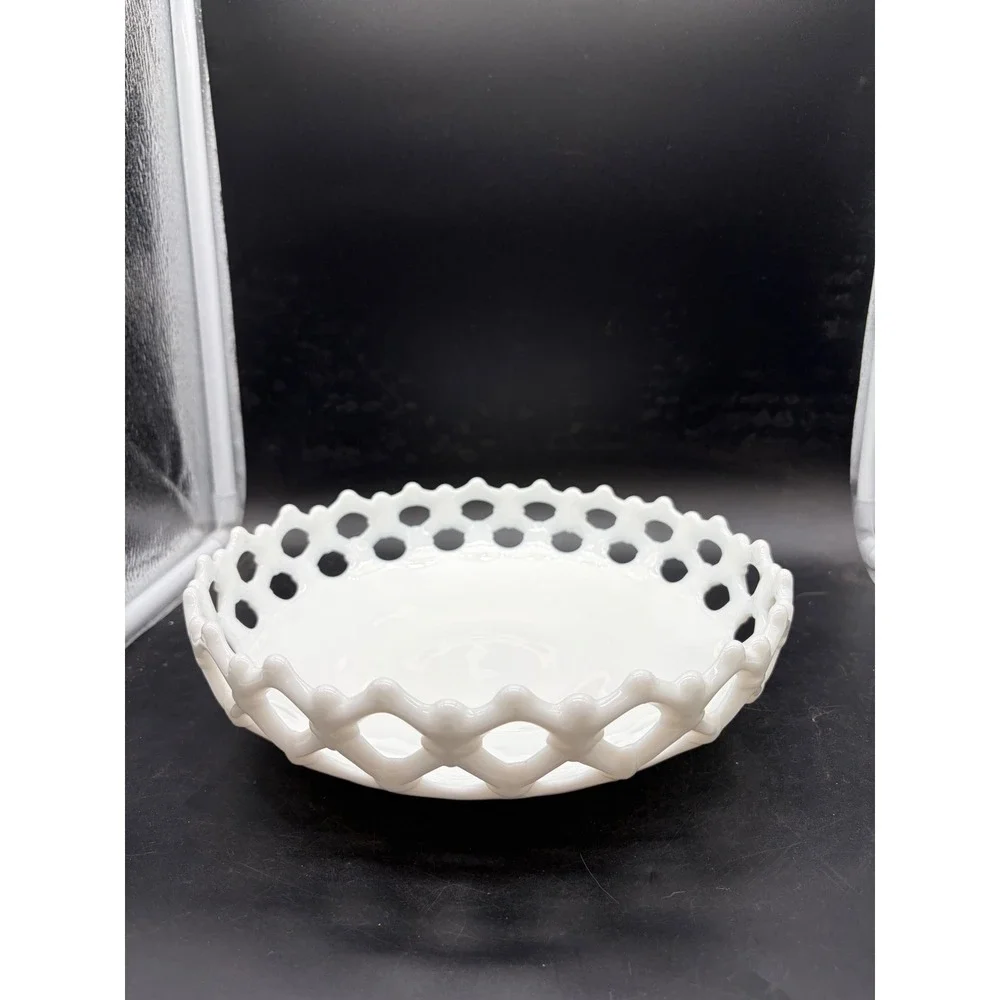 Vintage Milk Glass Lace Edge Bowl White Lattice Open Work Centerpiece 9.5 Inch